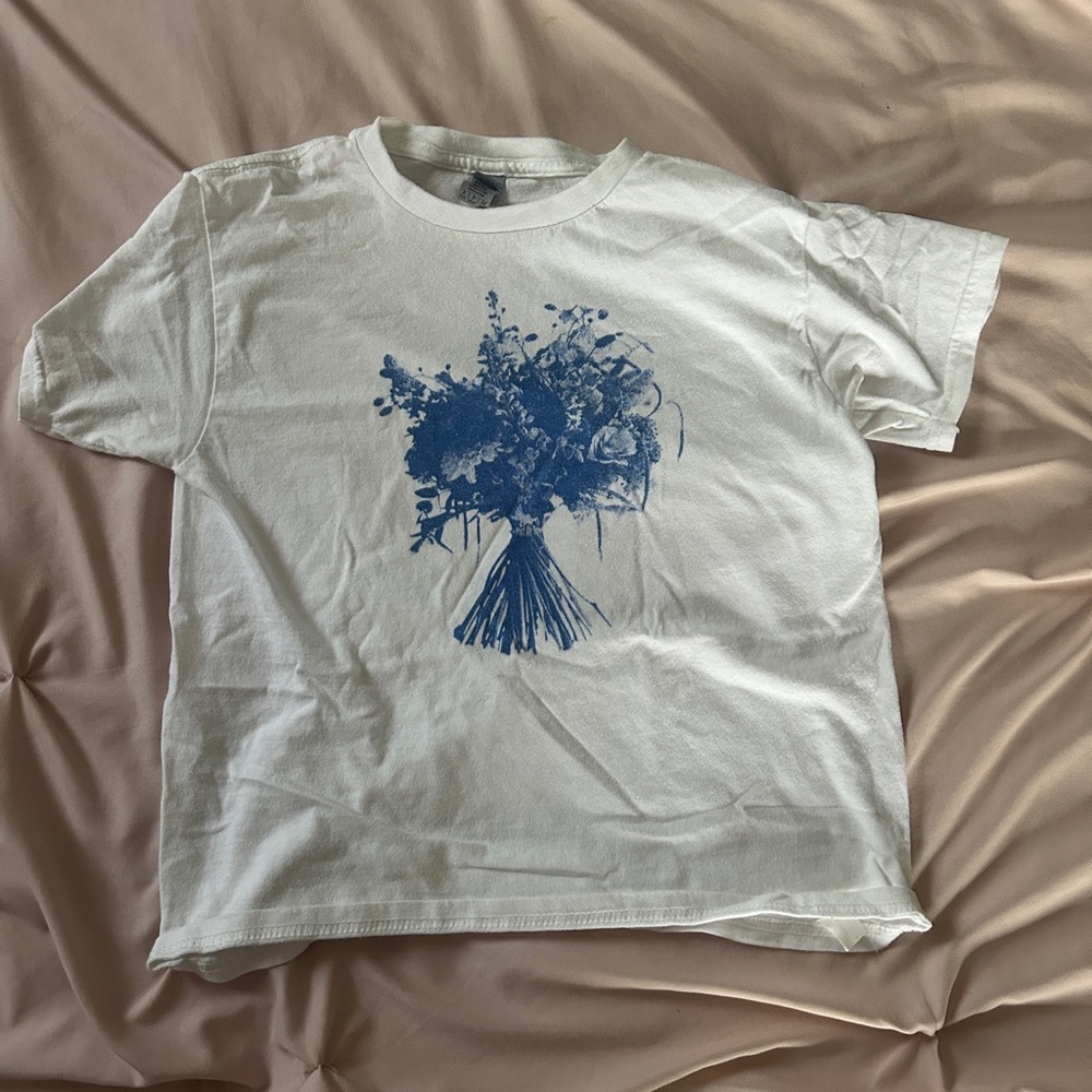 Gildan White Baby Tee with Blue Floral Design